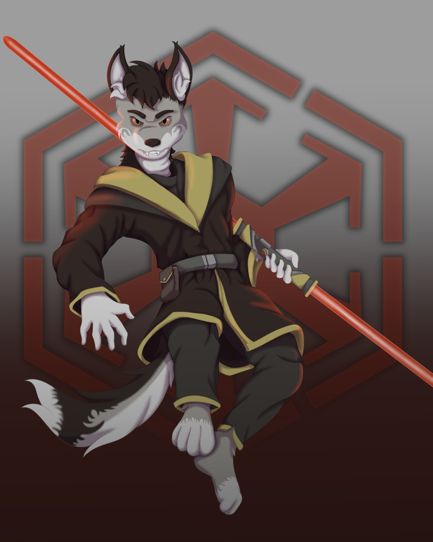 absurd_res anthro belt belt_buckle belt_pouch canid canine canis domestic_dog double_bladed_lightsaber evil_eyes fur hi_res inner_ear_fluff jumping lightsaber logo lordofnothin1 male mammal melee_weapon multicolored_body multicolored_fur red_eyes red_lightsaber roel_(itsthatonegiy) sith sith_lord solo star_wars tuft two_tone_body two_tone_fur weapon