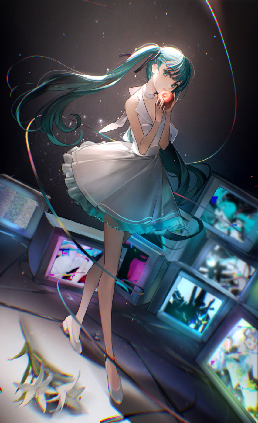 1girl apple aqua_eyes aqua_hair bare_legs braid dress flower food fruit full_body hatsune_miku highres koi_wa_sensou_(vocaloid) legs lily_(flower) looking_at_viewer melt_(vocaloid) pumps rumoon solo television twintails v-neck vocaloid white_dress white_flower white_footwear world_is_mine_(vocaloid)