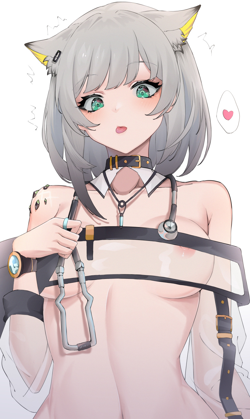1girl :p absurdres animal_ear_fluff animal_ears arknights bangs blunt_bangs blush breasts buckle cat_ears detached_collar eyebrows_visible_through_hair green_eyes grey_hair hand_on_own_chest heart highres jewelry juejue kal'tsit_(arknights) looking_at_viewer medium_breasts motion_lines navel necklace nipples off_shoulder oripathy_lesion_(arknights) ring see-through short_hair solo speech_bubble spoken_heart stethoscope tongue tongue_out upper_body watch wristwatch