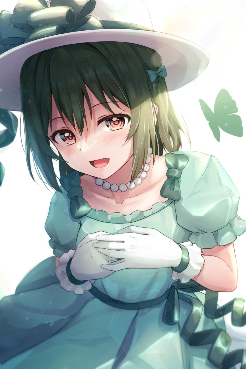 absurdres b.ren bangs bow bug butterfly collarbone commentary dress eyebrows_visible_through_hair fang gloves green_bow green_dress green_hair hair_between_eyes hair_bow hat highres jewelry light_blush looking_at_viewer love_live! love_live!_nijigasaki_high_school_idol_club mifune_shioriko necklace open_mouth own_hands_together pearl_necklace puffy_short_sleeves puffy_sleeves ribbed_hat short_hair short_sleeves smile waist_bow white_background white_gloves white_headwear yellow_eyes