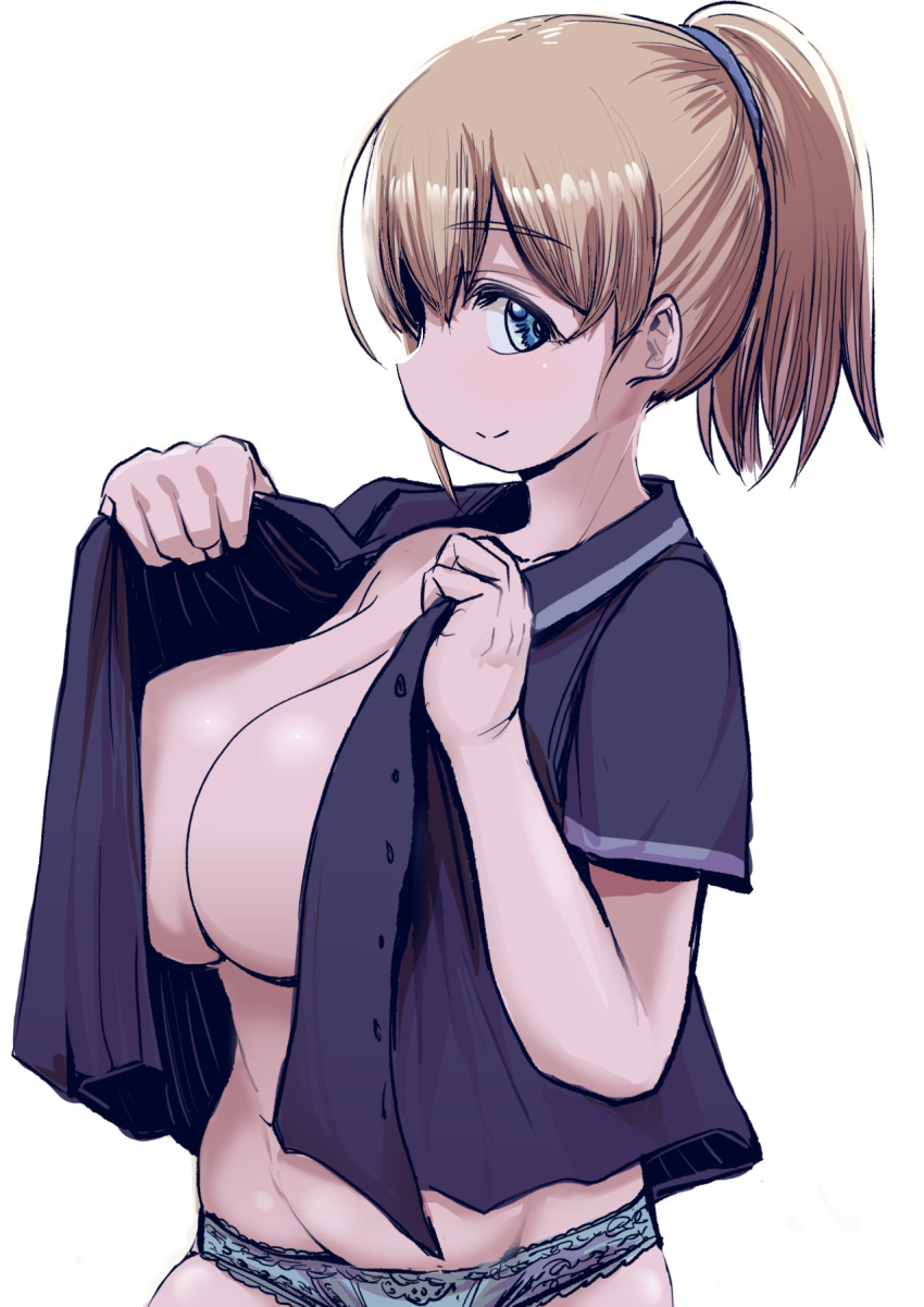 1girl black_shirt blue_eyes blue_panties breasts brown_hair commentary_request highres intrepid_(kancolle) kantai_collection kozzy.ta large_breasts open_clothes panties ponytail profile shirt short_hair simple_background solo underwear upper_body white_background