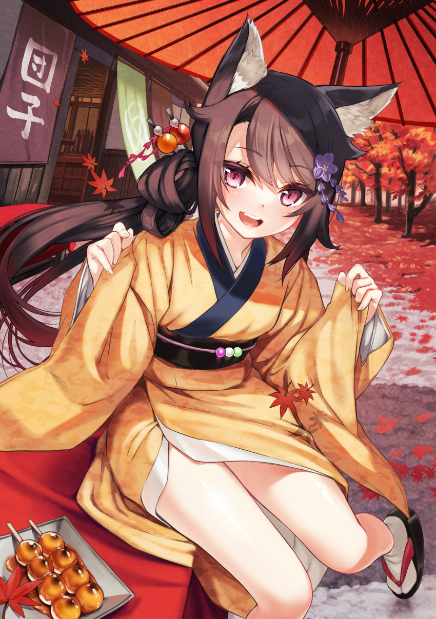 1girl absurdres animal_ear_fluff animal_ears bangs brown_hair dango day eyebrows_visible_through_hair flat_chest food hair_ornament hair_stick hands_up highres japanese_clothes kimono leaf long_hair long_sleeves looking_at_viewer maple_leaf mitarashi_dango obi obidome obijime open_mouth original parasol pink_eyes sash sitting smile socks solo tabi teeth tree umbrella upper_teeth wagashi white_legwear zero_(miraichizu) zouri