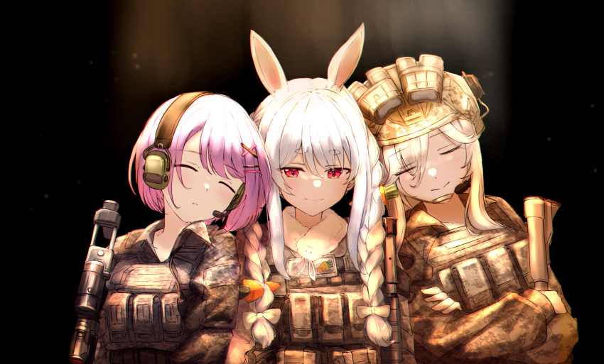 3girls absurdres animal_ears black_background blue_hair braid carrot grey_hair gun hair_ornament hairclip head_on_another's_shoulder headset helmet highres hololive light military military_uniform multiple_girls purple_hair rabbit_ears rifle shishiro_botan sleeping smile sniper_rifle tokoyami_towa twin_braids uniform usada_pekora virtual_youtuber weapon zexalmike