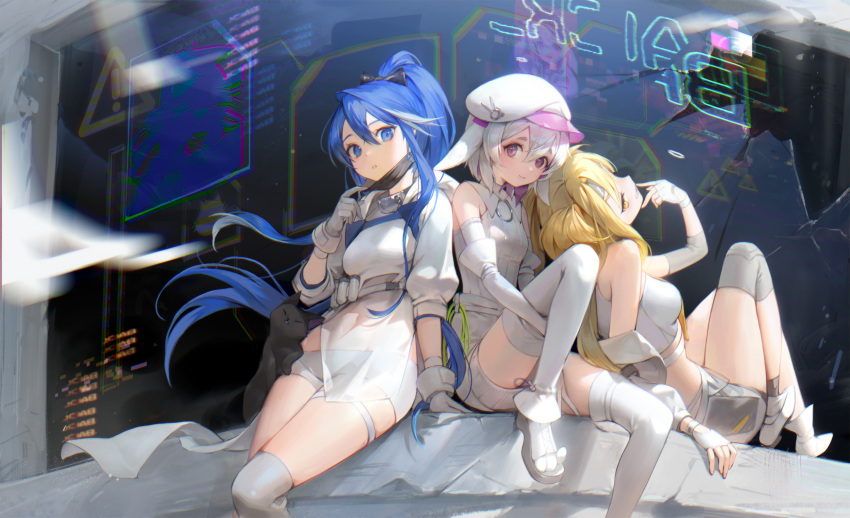 3girls animal_ears bangs black_cat blonde_hair blue_hair cat closed_mouth crop_top fingerless_gloves gloves grey_footwear hair_between_eyes hansum hat high_ponytail highres knee_pads knees_up long_hair long_sleeves looking_at_viewer lying mask mask_pull mouth_mask multiple_girls on_back original parted_lips pink_eyes ponytail puffy_long_sleeves puffy_sleeves see-through shirt shoes shorts sign sitting smile thighhighs very_long_hair warning_sign white_footwear white_gloves white_hair white_headwear white_legwear white_shirt white_shorts yellow_eyes