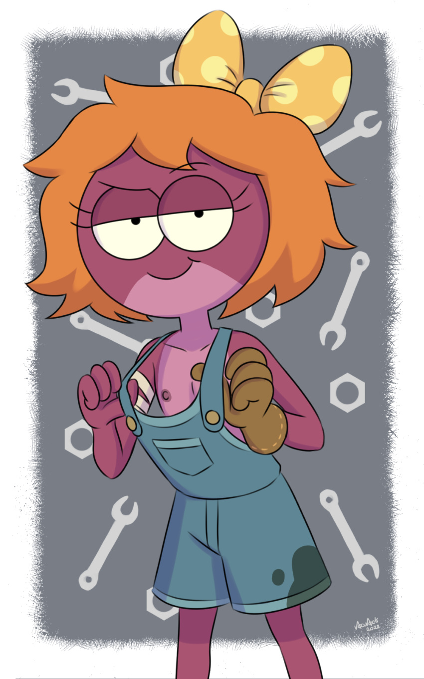 4_fingers amphibia_(series) amphibian anthro clothing collarbone disney female fingers flat_chested frog gloves hair half-closed_eyes handwear hi_res looking_at_viewer narrowed_eyes nipples nocunoct orange_hair overalls polly_plantar purple_body short_hair smile solo young