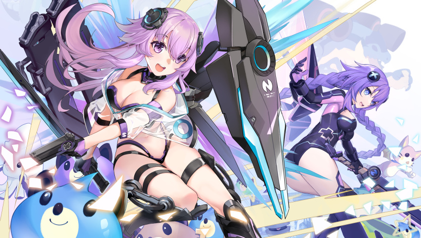 2girls 463_jun absurdres adult_neptune areolae black_choker blush breasts choker d-pad d-pad_hair_ornament dogoo gun hair_between_eyes hair_ornament highres holding holding_gun holding_sword holding_weapon large_breasts long_hair multiple_girls neptune_(series) nude open_mouth purple_eyes purple_hair purple_heart smile sword thigh_strap thighhighs weapon