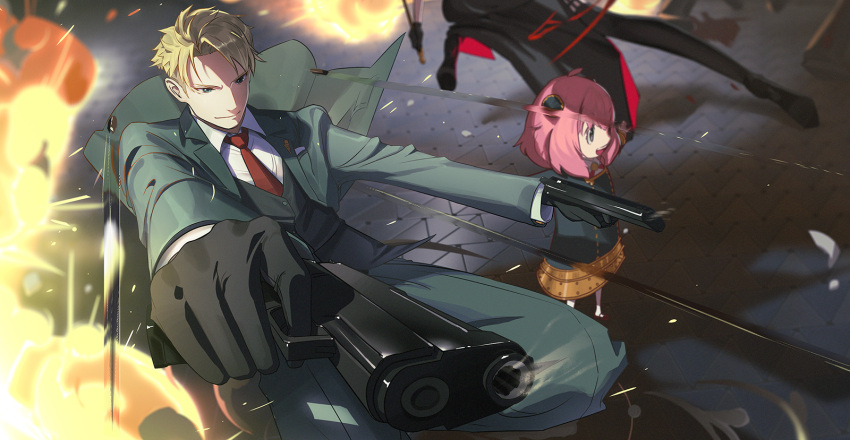 1boy 2girls action aiming anya_(spy_x_family) armor armored_dress battle black_gloves black_suit blonde_hair blue_eyes bullet bullet_trail child coat dual_wielding eden_academy_uniform explosion family formal gangsta_hold gloves gun hair_horns handgun highres holding holding_gun holding_weapon multiple_girls necktie outstretched_arms overcoat pink_hair pistol red_necktie solo_focus spy_x_family suit twilight_(spy_x_family) vafar7 weapon yor_briar