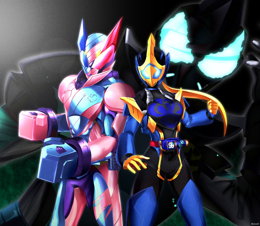 1girl 2boys absurdres aqua_eyes blue_armor blue_eyes blue_footwear blue_gloves bodysuit boots boxing_gloves breasts brother_and_sister clenched_hand cobra_(animal) cobra_genome driver_(kamen_rider) gloves glowing glowing_eyes heterochromia highres kamen_rider kamen_rider_evil kamen_rider_jeanne kamen_rider_revi kamen_rider_revice kangaroo kangaroo_genome libera_driver medium_breasts multiple_boys pink_armor pink_gloves ponytail red_eyes reiei_8 siblings thigh_boots thighhighs tokusatsu yellow_gloves