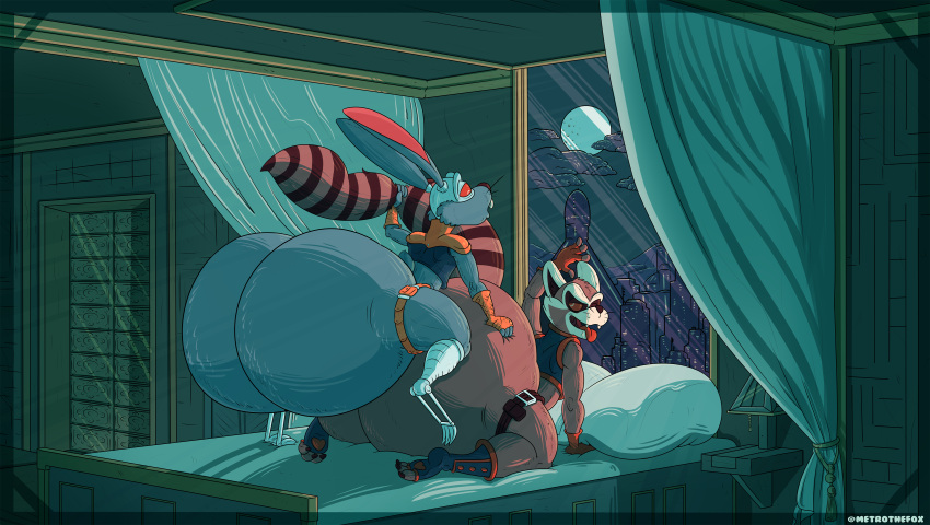 absurd_res anal anthro bedroom big_butt blackjack_o'hare bottomless butt clothed clothing curtains duo environment guardians_of_the_galaxy hand_on_window hi_res huge_butt hyper hyper_butt invalid_tag lagomorph leporid light male male/male mammal marvel metrothefox moonlight procyonid rabbit raccoon rocket_raccoon science_fiction tail_grab