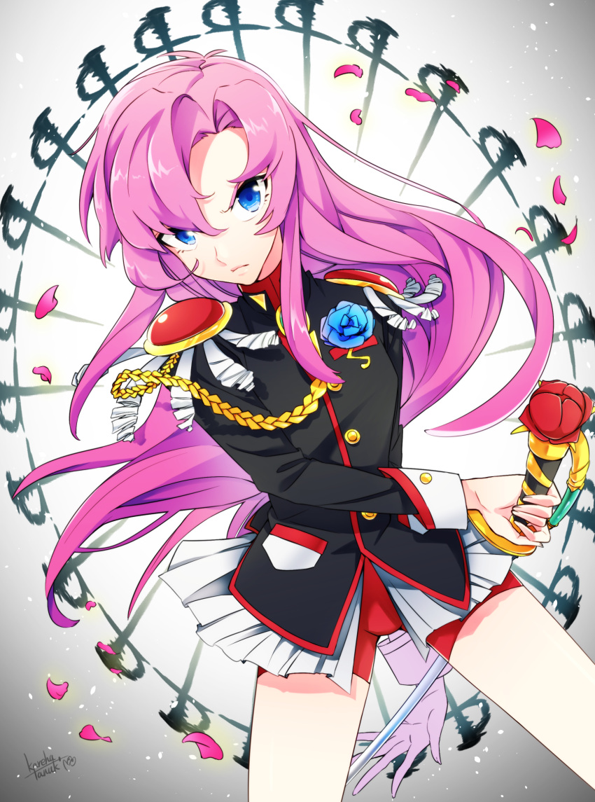 1girl aiguillette bike_shorts black_jacket blue_eyes blue_flower blue_rose cowboy_shot flower highres holding holding_sword holding_weapon jacket long_hair long_sleeves looking_at_viewer ootori_gakuen_school_uniform petals pink_hair ponkichi_(hazama_senkonmeiraku) rapier red_shorts rose rose_petals school_uniform shorts shoujo_kakumei_utena solo sword tenjou_utena weapon