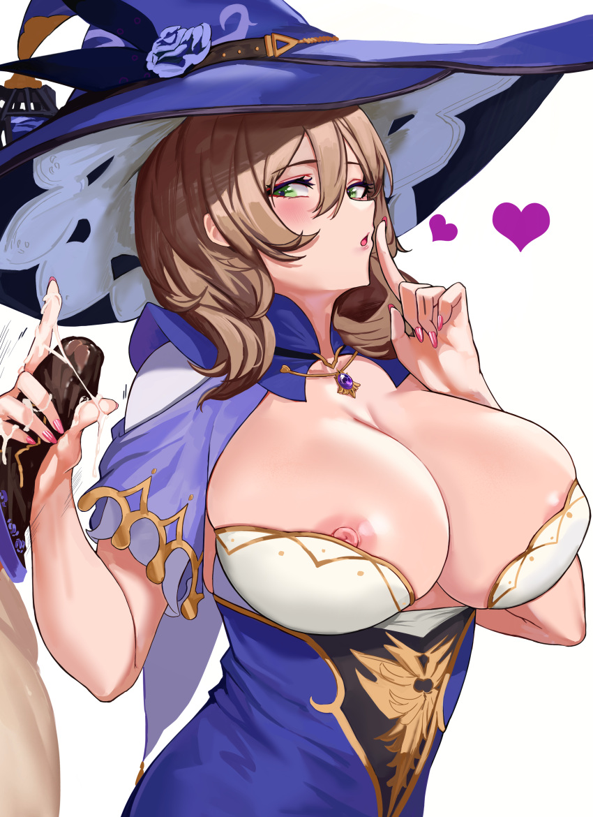 1boy 1girl absurdres black_panties breasts brown_hair capelet cleavage cum cum_on_hands dress finger_to_mouth genshin_impact green_eyes handjob handjob_over_clothes hat heart highres jewelry large_breasts lisa_(genshin_impact) long_hair loooyd nipple_slip nipples panties pendant penis pink_nails purple_capelet purple_dress purple_headwear solo_focus underwear white_background witch_hat