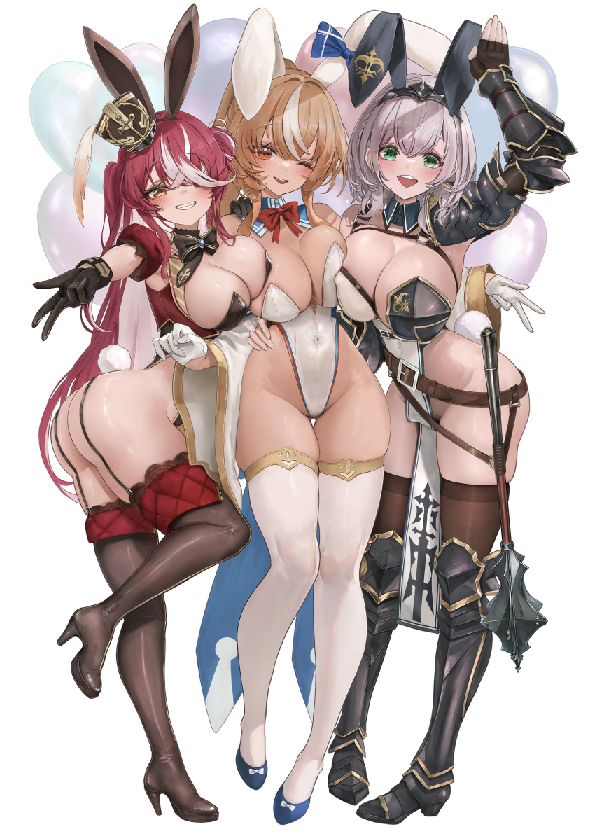 3girls :d ;d absurdres adapted_costume animal_ear_hairband animal_ears balloon black_boots black_bow black_bowtie black_gloves black_leotard black_thighhighs blonde_hair blush boots bow bowtie braid breast_press breasts cleavage commentary_request covered_navel crossed_bangs dark-skinned_female dark_elf dark_skin detached_sleeves elf fake_animal_ears fake_tail fingerless_gloves full_body garter_straps gloves gold_trim green_eyes grey_hair grin hair_between_eyes hair_bun hairband half_gloves hat heart_balloon highres hololive houshou_marine houshou_marine_(marching_band) large_breasts leotard long_hair looking_at_viewer maison_de_cante medium_hair mini_hat multicolored_hair multiple_girls official_alternate_hairstyle one_eye_closed one_side_up open_mouth pelvic_curtain playboy_bunny pointy_ears ponytail puffy_detached_sleeves puffy_short_sleeves puffy_sleeves rabbit_ear_hairband rabbit_ears rabbit_tail red_eyes shako_cap shiranui_flare shiranui_flare_(1st_costume) shirogane_noel shirogane_noel_(1st_costume) short_sleeves side_up_bun simple_background smile standing streaked_hair tail thigh_boots thighhighs tilted_headwear very_long_hair virtual_youtuber wavy_hair white_background white_gloves white_hair white_leotard white_thighhighs wide_sleeves