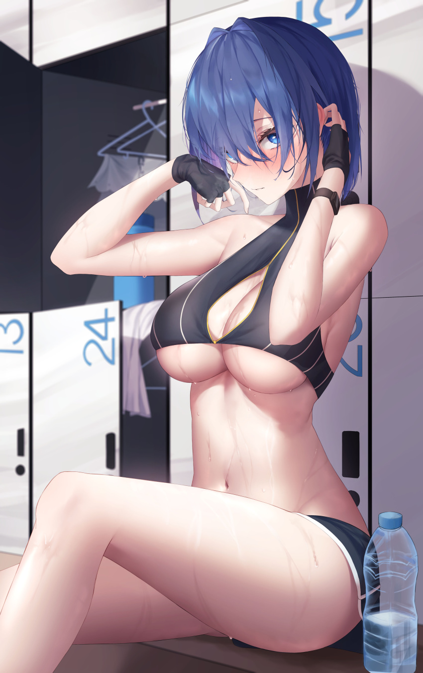 1girl absurdres bare_shoulders bench black_gloves blue_eyes blue_hair blush bottle breasts cleavage cleavage_cutout clothes_hanger clothing_cutout crop_top dodari english_commentary fingerless_gloves from_side gloves hair_between_eyes highres hololive hololive_english large_breasts locker locker_room looking_at_viewer narrow_waist navel on_bench ouro_kronii parted_lips short_hair short_shorts shorts sitting solo sports_bra stomach sweat thighs underboob virtual_youtuber watch water_bottle wet wet_hair wristwatch