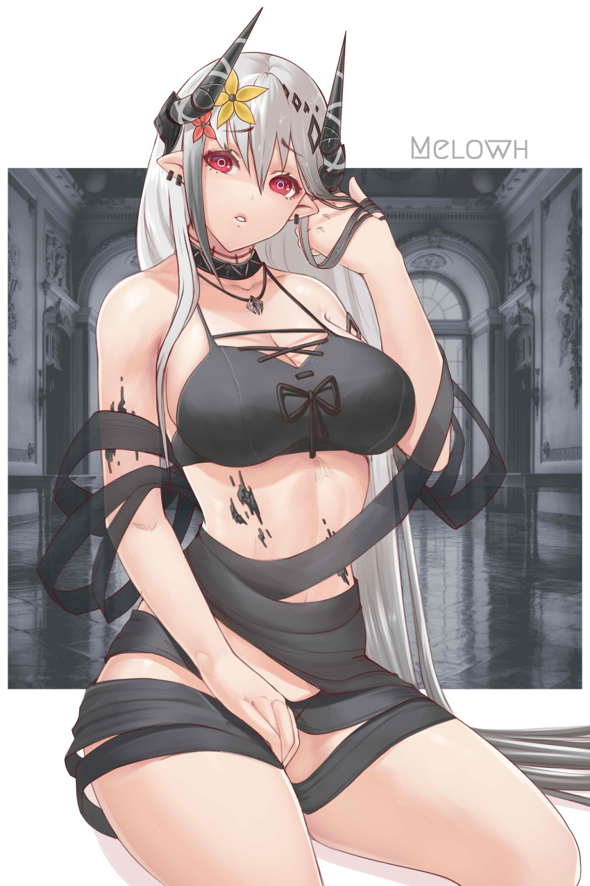 1girl absurdres arknights black_horns breasts commission ear_piercing flower hair_flower hair_ornament highres horns indoors jewelry large_breasts looking_at_viewer melowh mudrock_(arknights) necklace piercing pointy_ears red_eyes ringed_eyes sitting solo spaghetti_strap white_hair