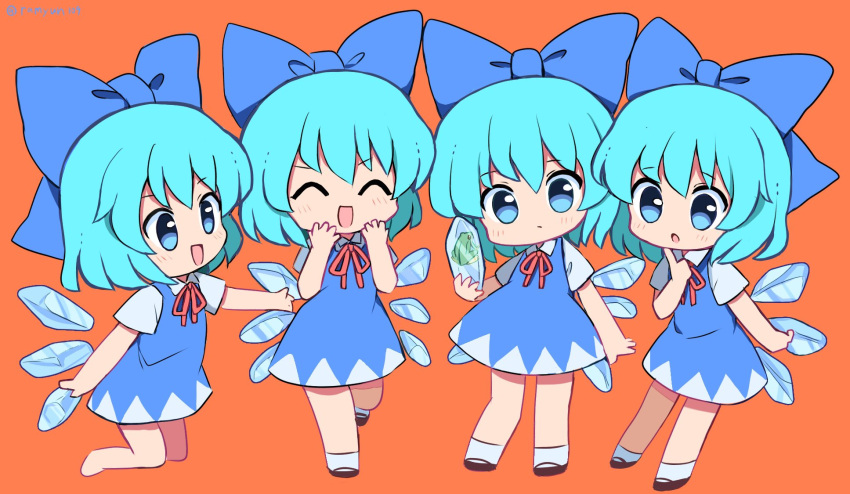 4girls :d ^_^ black_footwear blue_bow blue_dress blue_hair bow cirno clone closed_eyes closed_mouth dress frog frozen_frog full_body hair_bow highres holding ice ice_wings looking_at_another multiple_girls open_mouth orange_background pinafore_dress ramudia_(lamyun) short_hair short_sleeves simple_background smile standing touhou twitter_username white_legwear wings