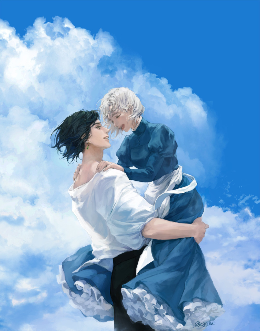 1boy 1girl absurdres apron black_hair black_pants blue_dress cjjcha closed_eyes cloud cloudy_sky couple dress earrings frilled_dress frills hands_on_another's_shoulders high_collar highres holding_person howl_(howl_no_ugoku_shiro) jewelry long_dress long_sleeves open_mouth pants parted_lips puffy_sleeves shirt short_hair sky smile sophie_(howl_no_ugoku_shiro) teeth upper_body upper_teeth waist_apron white_hair white_shirt