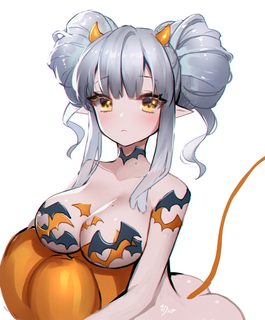 1girl ankkoyom ass bangs blush breasts choker demon_horns demon_tail double_bun eyebrows_visible_through_hair eyelashes grey_hair hair_bun halloween highres horns large_breasts looking_at_viewer mole mole_on_breast mole_on_neck object_hug original pointy_ears pumpkin signature solo tail white_background