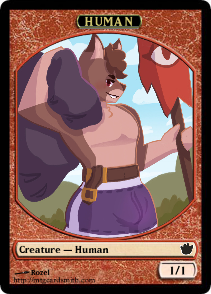 absurd_res anthro artwithrozel brown_body brown_fur bulge canid canine cult flag fur grin hasbro hi_res looking_at_viewer magic:_the_gathering male mammal pinup pose red_eyes smile solo token wizards_of_the_coast