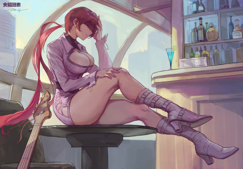 1girl alcohol boots bottle breasts cleavage cocktail_glass commentary counter cup drinking_glass drinking_straw food fruit full_body glass_bottle high_heels highres indoors jacket large_breasts lee5 lemon lemon_slice long_hair long_sleeves low_ponytail miniskirt pink_jacket pink_skirt shermie_(kof) simple_background sitting skirt solo table tavern the_king_of_fighters the_king_of_fighters_'97 thighs