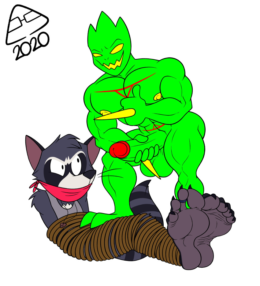 2020 abs anthro areola balls biceps big_balls big_butt big_penis bound butt computer_virus_(species) digital_creature digital_media_(artwork) dimitri_berring doritohead duo feet fur genitals gesture green_body green_skin grey_body grey_fur hand_on_penis hi_res long_tail looking_at_viewer lying male male/male mammal markings multicolored_body multicolored_fur muscular muscular_male muscular_thighs nipples nude on_back pecs penis procyonid raccoon rope signature simple_background smile striped_markings striped_tail stripes tail_markings thorn_(sonicality) thumbs_up toes white_background white_body white_fur