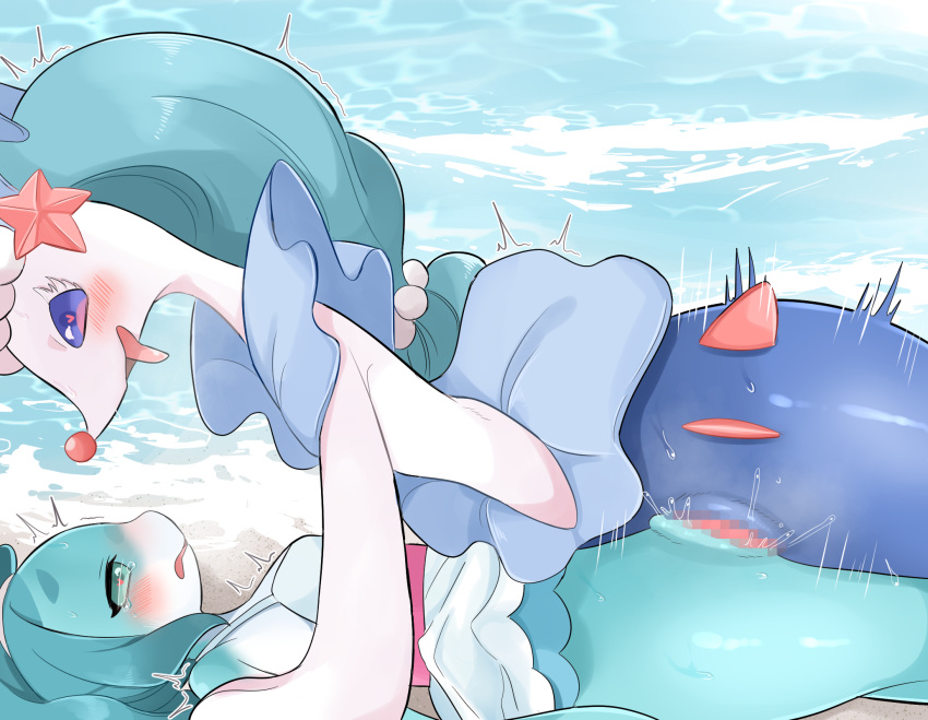 &lt;3 &lt;3_eyes anthro beach blue_body blue_hair blush brand_new_animal cetacean clothed clothing delphinoid duo female feral from_front_position genitals hair hi_res lying male male/female male_on_top mammal marine missionary_position motion_lines nina_flip nintendo on_back on_top open_mouth penetration penis pinned pok&eacute;mon pok&eacute;mon_(species) primarina prrrrrrmine pussy sand seaside sex staring_into_eyes studio_trigger tongue tongue_out toothed_whale vaginal vaginal_penetration video_games water