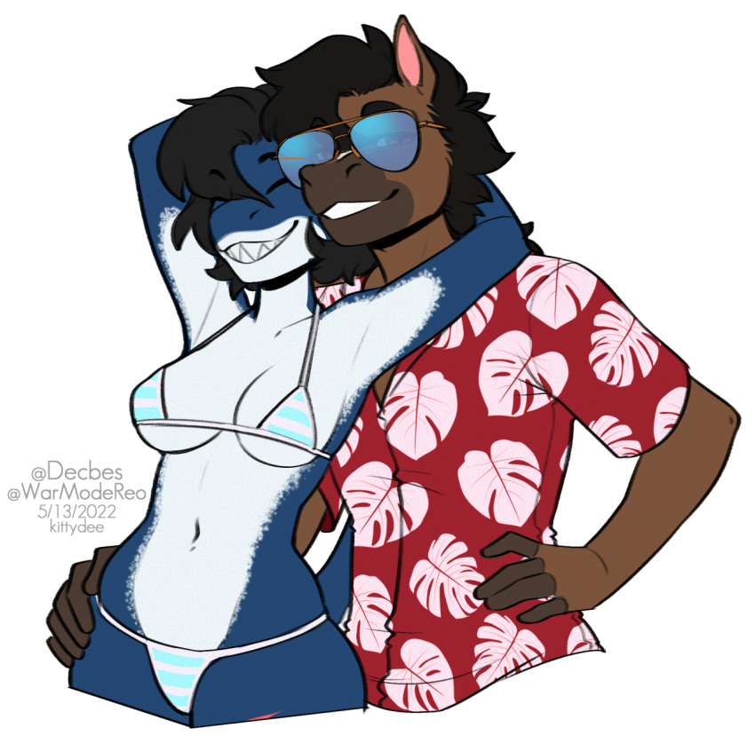 2022 alpha_channel anthro bikini black_hair breasts clothed clothing digital_media_(artwork) duo equid equine eyewear female fish glasses hair hi_res horse kittydee looking_at_viewer mammal marine midriff navel non-mammal_breasts shark simple_background smile swimwear transparent_background