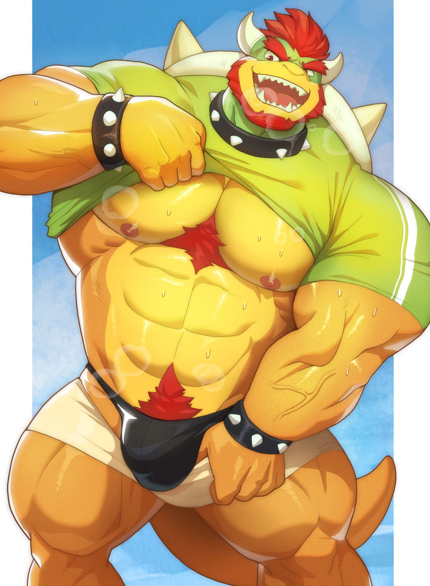 2022 abs anthro barazoku beard big_bulge big_muscles blue_background bodily_fluids body_hair border bottomwear bottomwear_down bowser bracelet bulge chest_hair clothed clothing collar eyebrows facial_hair front_view glistening glistening_body hair happy_trail hi_res horn huge_bulge huge_muscles jewelry koopa kusunagi looking_at_viewer male mario_bros muscular muscular_anthro muscular_male musk nintendo nipples non-mammal_nipples obliques open_mouth open_smile partially_clothed pecs pubes raised_clothing raised_shirt raised_topwear scalie shell shirt shorts shorts_down simple_background smile solo spiked_bracelet spiked_collar spiked_shell spikes spikes_(anatomy) standing sweat teeth thick_thighs thong tongue topwear underwear vein video_games white_border