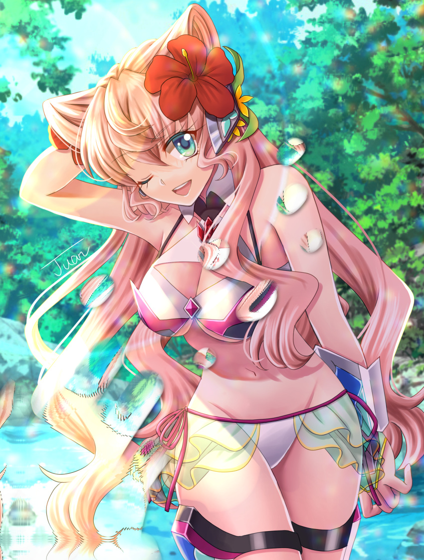 1girl absurdres bikini bikini_skirt blue_eyes breasts cleavage eyebrows_visible_through_hair flower forest hair_ears hair_flower hair_ornament highres juan_0121 leaning_to_the_side lens_flare looking_to_the_side maria_cadenzavna_eve nature one_eye_closed red_flower senki_zesshou_symphogear smile solo swimsuit thigh_strap tree water white_bikini