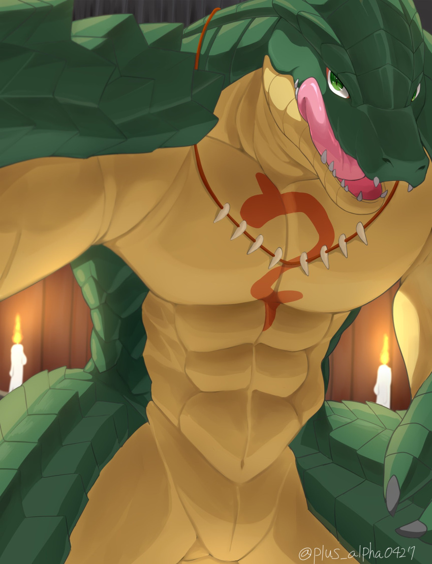2022 abs anthro candle claws crocodilian digital_media_(artwork) green_body green_eyes hi_res jewelry licking licking_lips looking_at_viewer male muscular muscular_male necklace overlord_(series) plus-alpha pupils reptile scalie sharp_teeth slit_pupils solo teeth tongue tongue_out