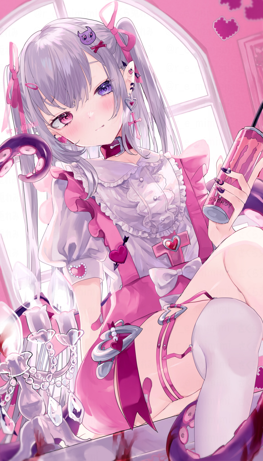 1girl bandages blush closed_mouth demon demon_girl ear_piercing earrings garter_straps hair_ribbon heterochromia highres jewelry long_hair looking_at_viewer nail_art original piercing pink_eyes pink_theme pointy_ears purple_eyes purple_hair remimim ribbon smile solo tentacles thighhighs twintails