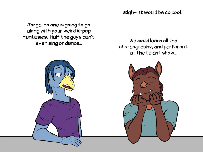 anthro avian bird bluebird clothed clothing daydream dialogue duo english_text eyes_closed fully_clothed fuze hi_res jorge_san_nicolas josh_oliver male mammal oscine passerine shirt simple_background suid suina sus_(pig) t-shirt texnatsu text thrush_(bird) topwear white_background wild_boar