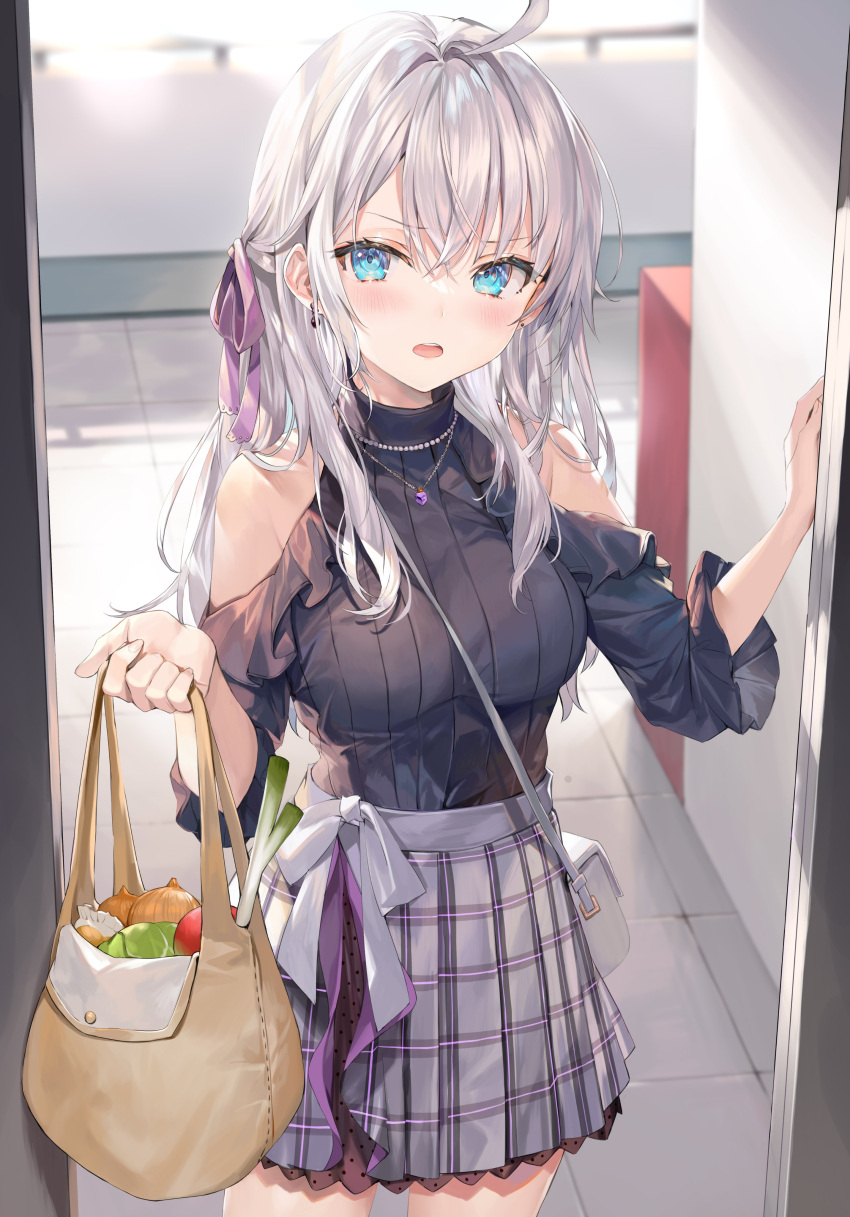 1girl absurdres ahoge bag bare_shoulders black_shirt cabbage character_request clothing_cutout commentary_request cowboy_shot frilled_skirt frilled_sleeves frills grey_hair grey_skirt hair_ribbon highres holding holding_bag jewelry leek lettuce light_blue_eyes long_hair long_sleeves momoko_(momopoco) necklace onion open_mouth pendant plaid plaid_skirt pleated_skirt purple_ribbon ribbon shiny shirt shoulder_cutout skirt solo spring_onion tokidoki_bosotto_roshia-go_de_dereru_tonari_no_arya-san tomato turtleneck wide_sleeves yellow_bag