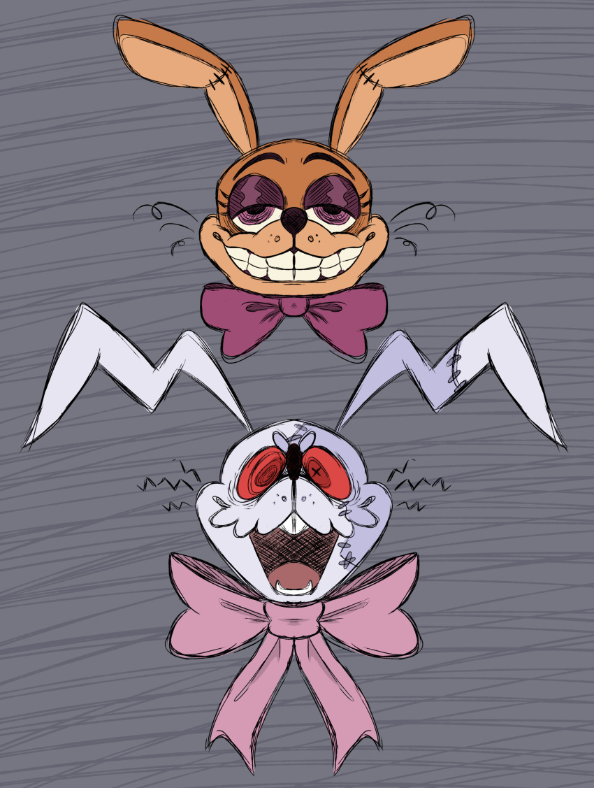 2021 absurd_res anthro bow_tie buckteeth closed_smile colored digital_drawing_(artwork) digital_media_(artwork) duo female five_nights_at_freddy's five_nights_at_freddy's:_security_breach floppy_ears fnaf_vr_help_wanted freckles glitchtrap half-closed_eyes half_lidded_eyes hi_res lagomorph leporid long_ears male mammal multicolored_body narrowed_eyes open_mouth pink_bow_tie purple_bow_tie purple_eyelids purple_eyes rabbit red_eyes scottgames skkortysoup smile stitch_(sewing) tan_body teeth vanny_(fnaf) video_games whiskers white_body