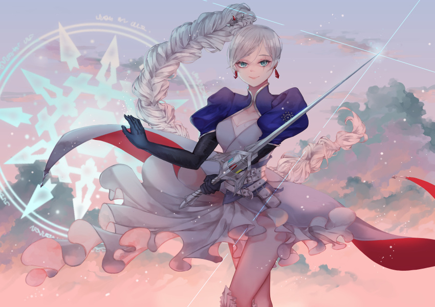 1girl absurdres belt black_gloves blue_eyes braid braided_ponytail breasts cleavage closed_mouth cloud earrings elbow_gloves english_commentary floating_hair frills glint gloves glyph highres holding holding_sword holding_weapon husk57 jewelry long_hair multiple_belts myrtenaster pouch rapier rwby scar scar_across_eye silver_trim smile snowflakes solo sword twilight very_long_hair weapon weiss_schnee white_belt white_hair