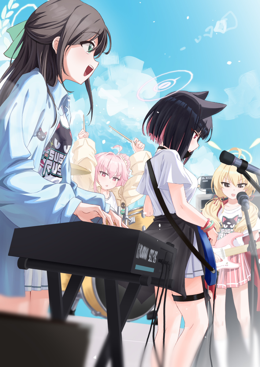 absurdres after-school_sweets_club_(blue_archive) airi_(band)_(blue_archive) airi_(blue_archive) akazaki_emu bass_guitar black_mask blue_archive blue_jacket cat_girl clothes_around_waist colored_inner_animal_ears colored_inner_hair drumsticks electric_guitar extra_ears fender_jazz_bass guitar halo highres holding holding_drumsticks instrument jacket jacket_around_waist kazusa_(band)_(blue_archive) kazusa_(blue_archive) logo_print low_twintails mask_pull multicolored_hair natsu_(band)_(blue_archive) natsu_(blue_archive) official_alternate_costume pink_hair pink_halo pink_skirt print_shirt red_jacket shirt skirt twintails two-tone_hair white_skirt yellow_halo yoshimi_(band)_(blue_archive) yoshimi_(blue_archive)