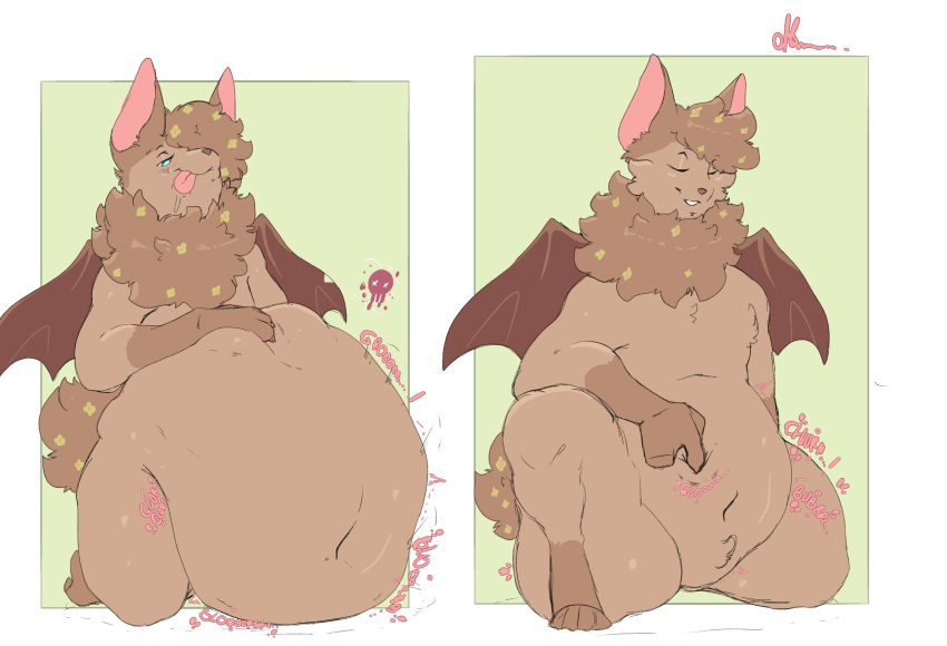 abdominal_bulge ambiguous_gender ambiguous_prey anthro belly big_belly blue_eyes bodily_fluids brown_body brown_fur chest_tuft chiropteran death digestion digestion_noises drooling duo fatal_vore fur hi_res holding_belly hyper hyper_belly itskorrie kneeling looking_at_viewer male male/ambiguous male_pred mammal nude saliva shrinking_belly sitting slightly_chubby solo_focus tongue tongue_out tuft vore wings