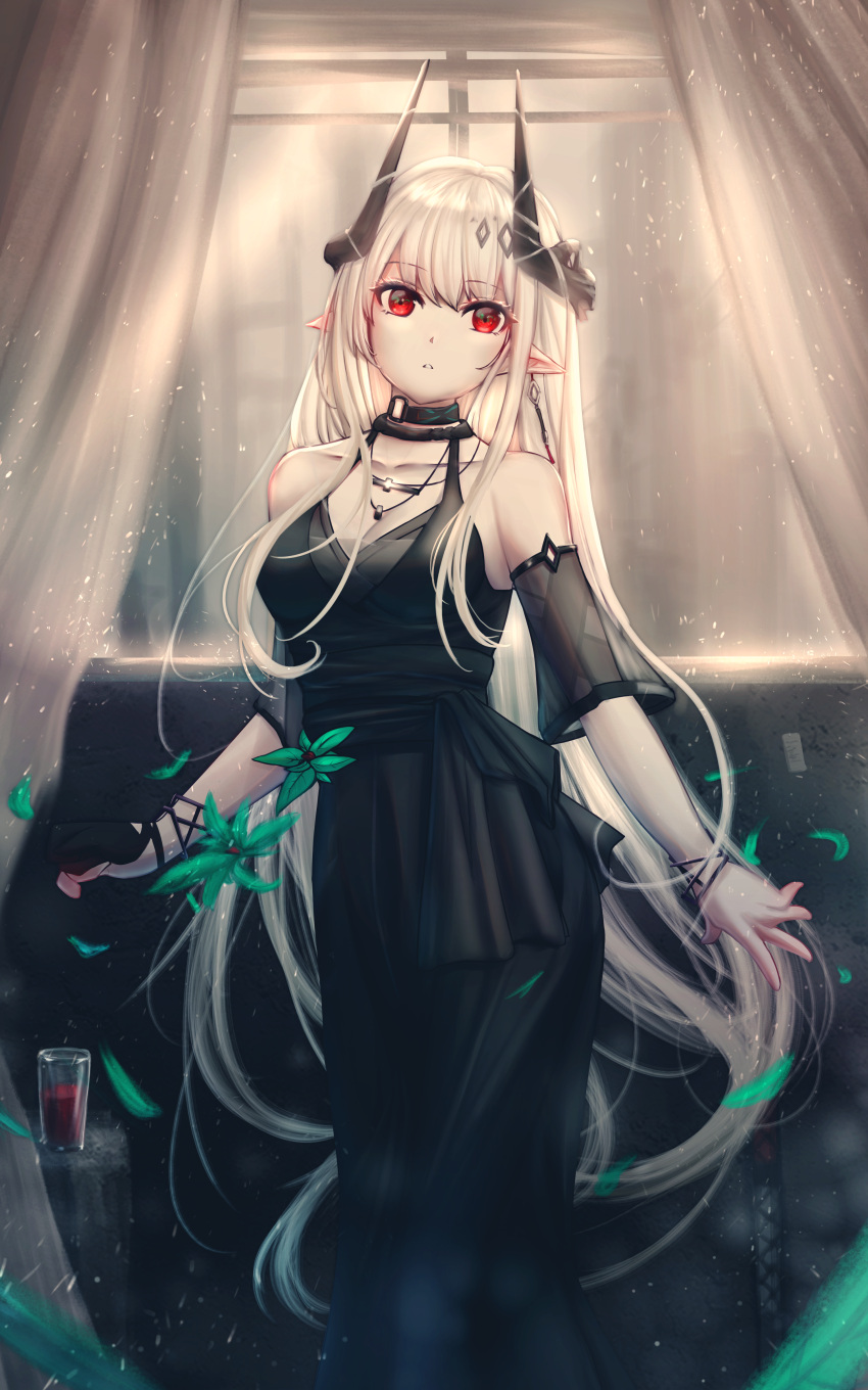 1girl absurdres arknights black_collar black_dress black_sleeves breasts cleavage collar curtains demon_horns deog3 detached_sleeves dress ear_piercing feet_out_of_frame glass grey_hair hair_ornament highres horns infection_monitor_(arknights) jewelry long_hair looking_at_viewer medium_breasts mudrock_(arknights) mudrock_(obsidian)_(arknights) necklace official_alternate_costume parted_lips piercing pointy_ears red_eyes short_sleeves sidelocks sleeveless sleeveless_dress solo very_long_hair window