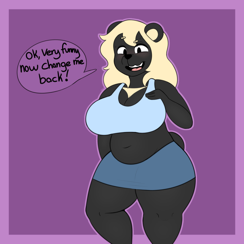 1:1 anthro belly big_breasts blonde_hair blush breasts brown_eyes clothed clothing curvy_figure dialogue female hair hi_res huge_breasts jade_(sleepingpowder) looking_at_viewer mammal short_stack simple_background sleepingpowder smile solo thick_thighs ursid wide_hips