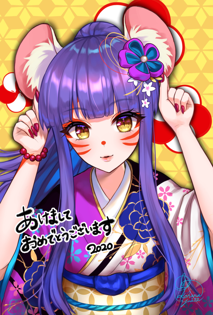 1girl 2020 animal_ear_fluff animal_ears artist_name bangs bead_bracelet beads bracelet daji_(monster_strike) eyeshadow facial_mark floral_print hair_ornament hands_up happy_new_year highres japanese_clothes jewelry kanzashi kimono kohanayuki long_hair looking_at_viewer makeup monster_strike mouse_ears nail_polish obi parted_lips ponytail print_kimono purple_hair red_nails sash sidelocks signature solo upper_body yellow_eyes