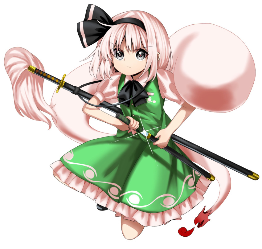 1girl black_bow black_bowtie black_footwear black_hairband black_ribbon bob_cut bow bowtie closed_mouth collared_shirt commentary_request frilled_skirt frilled_sleeves frills green_skirt green_vest grey_eyes hair_ribbon hairband highres hitodama katana keiki8296 konpaku_youmu konpaku_youmu_(ghost) looking_at_viewer puffy_short_sleeves puffy_sleeves ribbon scabbard serious sheath shiny shirt short_hair short_sleeves skirt skirt_set squatting sword tassel touhou v-shaped_eyebrows vest wakizashi weapon white_hair white_shirt wily_beast_and_weakest_creature