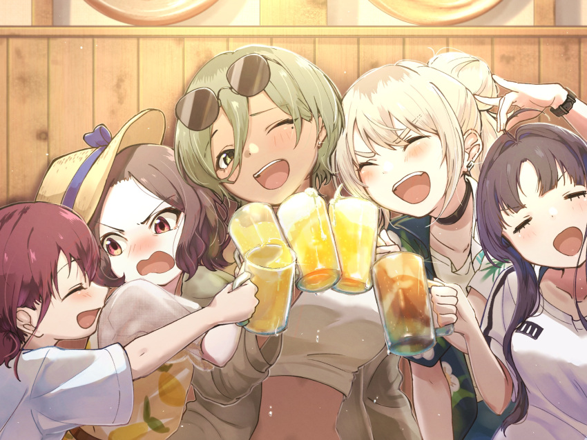 5girls ahoge awa_subaru ayataka_syumimi beer_mug black_choker black_hair blush brown_eyes brown_hair brown_hat choker closed_eyes commentary cup earrings ebizuka_tomo girls_band_cry glint grey_hair hair_between_eyes hair_intakes hat highres holding holding_cup iseri_nina jewelry kawaragi_momoka long_hair long_hair_between_eyes low_twintails midriff mole mole_under_eye mug multicolored_hair multiple_girls open_mouth parted_bangs red_eyes roots_(hair) rupa_(girls_band_cry) shirt short_hair short_sleeves short_twintails teeth togenashi_togeari twintails upper_teeth_only white_shirt