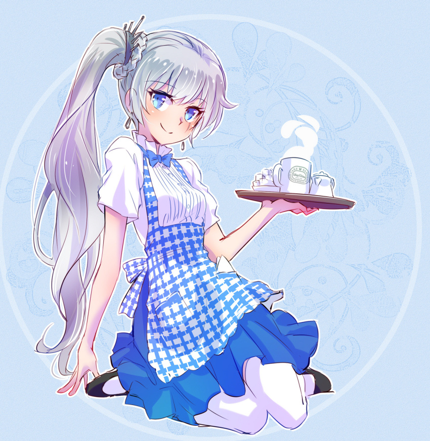 1girl apron blouse blue_apron blue_bow blue_bowtie blue_eyes blue_skirt bow bowtie breasts closed_mouth coffee_mug commentary_request cream cup earrings eyebrows_visible_through_hair floral_print hair_ornament high-waist_skirt highres iesupa jewelry kobeya kobeya_uniform long_hair mug pleated_shirt ponytail print_mug rwby scar scar_across_eye scar_on_face shirt short_sleeves side_ponytail sitting skirt small_breasts smile solo steam sugar_cube thighhighs tiara tray waitress weiss_schnee white_hair white_legwear white_shirt