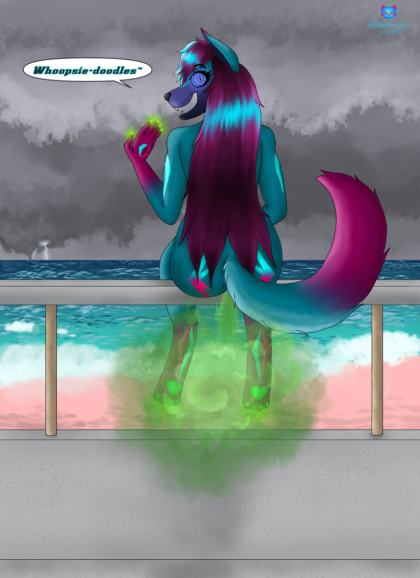 anthro beach butt canid canid_demon d00mhound demon fart fart_fetish female hellhound hi_res mammal nude sea seaside supercell thunderstorm tornado unknown_(disambiguation) water waterspout