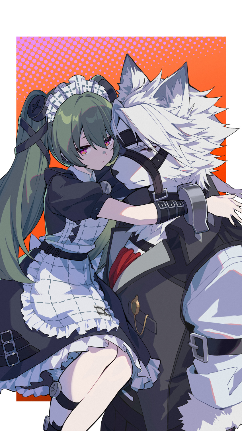 1boy 1girl absurdres apron bangs black_dress black_vest carrying character_request closed_mouth dress frilled_dress frills furry furry_male furry_with_non-furry green_hair hair_between_eyes highres interspecies long_hair looking_at_viewer maid_headdress screw_hair_ornament shirt short_sleeves simple_background slyvia twintails vest white_apron white_hair white_shirt zenless_zone_zero
