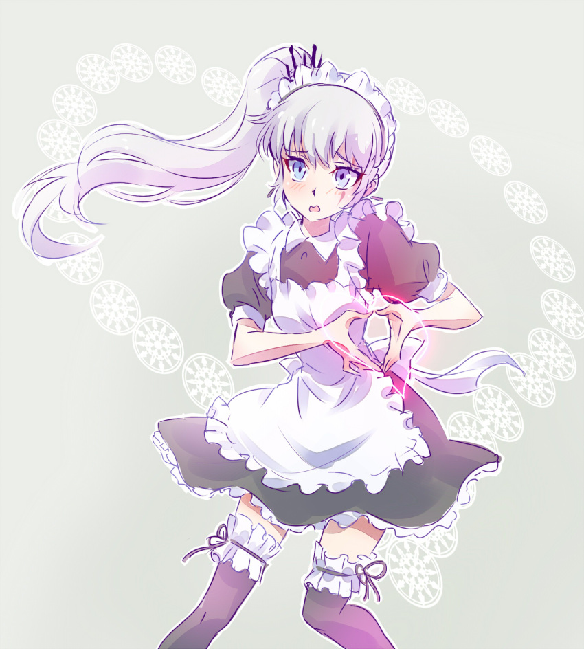 1girl alternate_costume apron black_legwear blue_eyes commentary_request embarrassed enmaided floating_hair frills furrowed_brow grey_background hair_ornament heart heart_hands highres hikasa_youko iesupa long_hair maid maid_apron maid_headdress moe_moe_kyun! open_mouth rwby scar scar_across_eye scar_on_face side_ponytail snowflake_background solo thighhighs tiara voice_actor_connection wavy_mouth weiss_schnee white_hair zettai_ryouiki