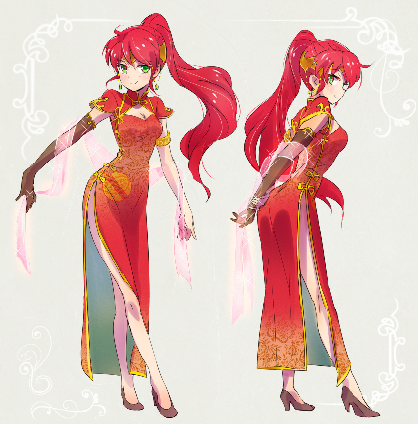 1girl alternate_costume armlet ass breasts brown_gloves china_dress chinese_clothes cleavage commentary contrapposto crown dress earrings elbow_gloves floating_hair gloves green_eyes headpiece high_heels highres iesupa jewelry leaning_forward legs long_hair medium_breasts multiple_views ponytail pumps pyrrha_nikos red_dress red_hair rwby shawl side_slit single_elbow_glove single_glove smile