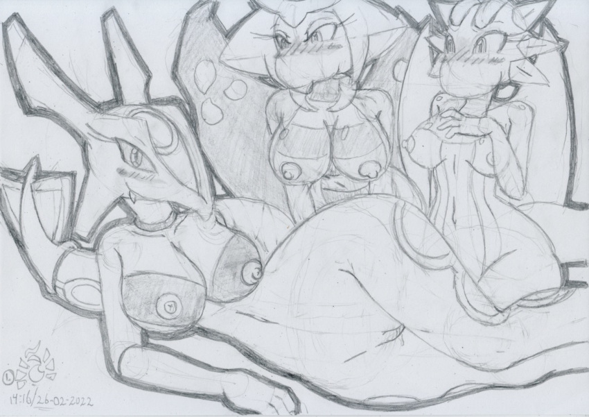 2022 altered_forme_giratina anthro anthrofied big_breasts blush bodily_fluids breasts cute_fangs dragon female genital_fluids genitals giratina graphite_(artwork) group kneeling leaning leaning_forward legendary_pok&eacute;mon looking_at_another looking_at_viewer lunaris_parukia lying navel nintendo nipples nude on_side pok&eacute;mon pok&eacute;mon_(species) pok&eacute;morph pussy pussy_juice rayquaza salamence sally_(lunaris_parukia) seiza sitting smile traditional_media_(artwork) trio video_games
