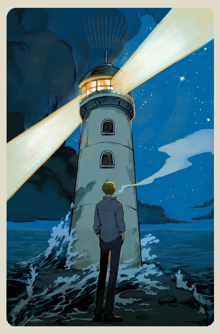 1boy absurdres black_pants black_shoes blonde_hair border commentary from_behind grey_shirt hands_in_pockets highres jennyandloiryan lighthouse male_focus night one_piece outdoors pants sanji_(one_piece) shirt shoes short_hair smoke smoke_trail smoking solo star_(sky) symbol-only_commentary waves white_border wide_shot