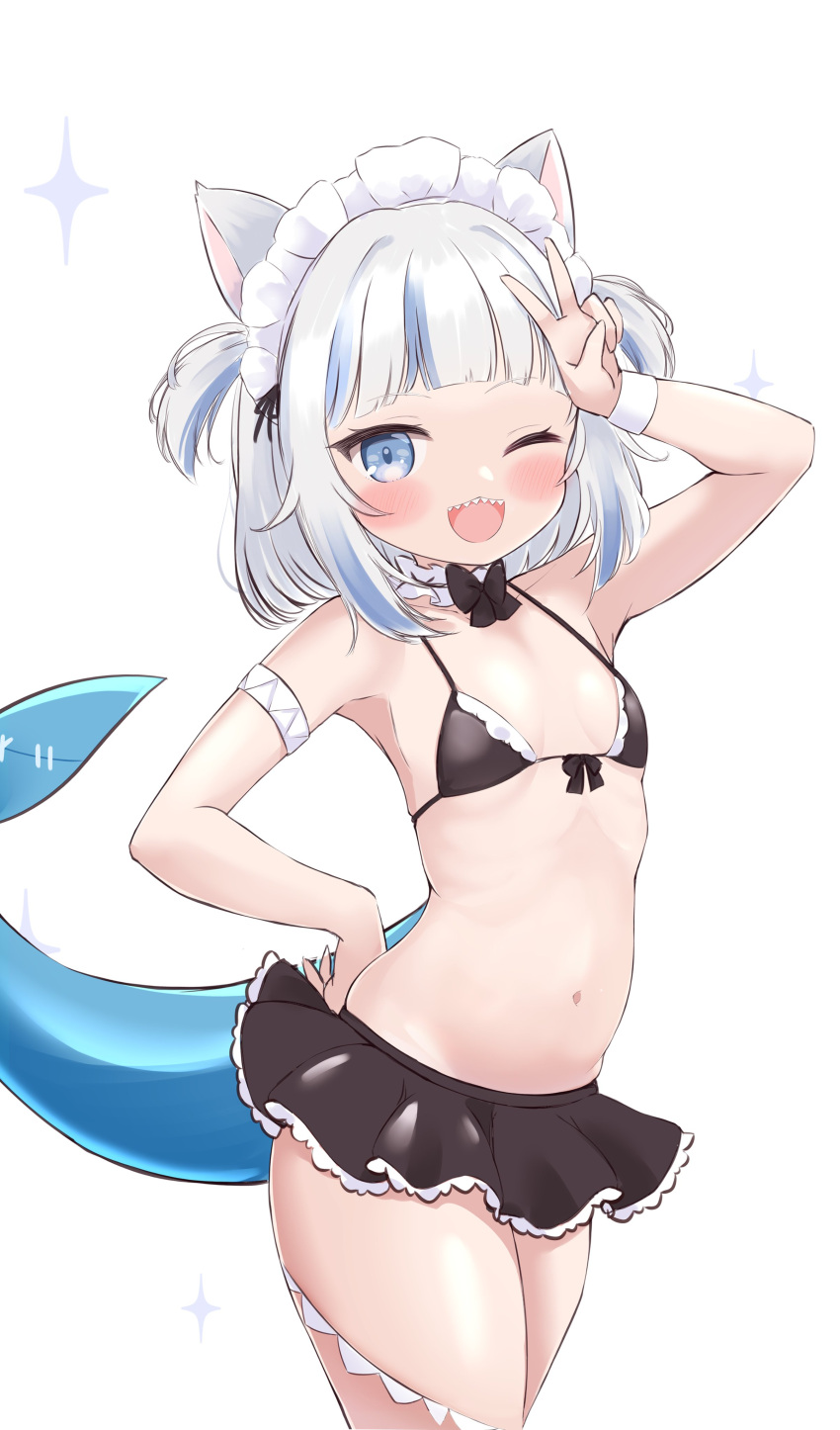 1girl absurdres animal_ear_fluff bangs blue_eyes blue_hair blunt_bangs blush cocozasa eyebrows_visible_through_hair fish_tail frills gawr_gura highres hololive hololive_english looking_at_viewer multicolored_hair navel open_mouth shark_tail sharp_teeth smile solo streaked_hair tail teeth virtual_youtuber white_hair