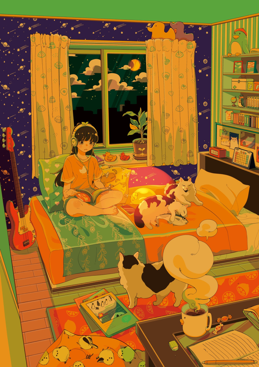 1girl animal barefoot bed bedroom black_hair blanket book candy cat cellphone clock closed_mouth cloud colorful commentary cup curtains digital_clock electric_guitar food frown full_body guitar headphones highres holding holding_book indian_style indoors instrument long_hair moon mug night night_sky okamachi_mozu on_bed open_book orange_shirt original pet phone pile_of_books pillow planet_print plant potted_plant print_curtains print_shirt reading shelf shirt short_shorts short_sleeves shorts sitting sky slice_of_life smartphone solo star_(symbol) star_print steaming_cup straight_hair symbol-only_commentary t-shirt timestamp wallpaper_(object) window wrapped_candy